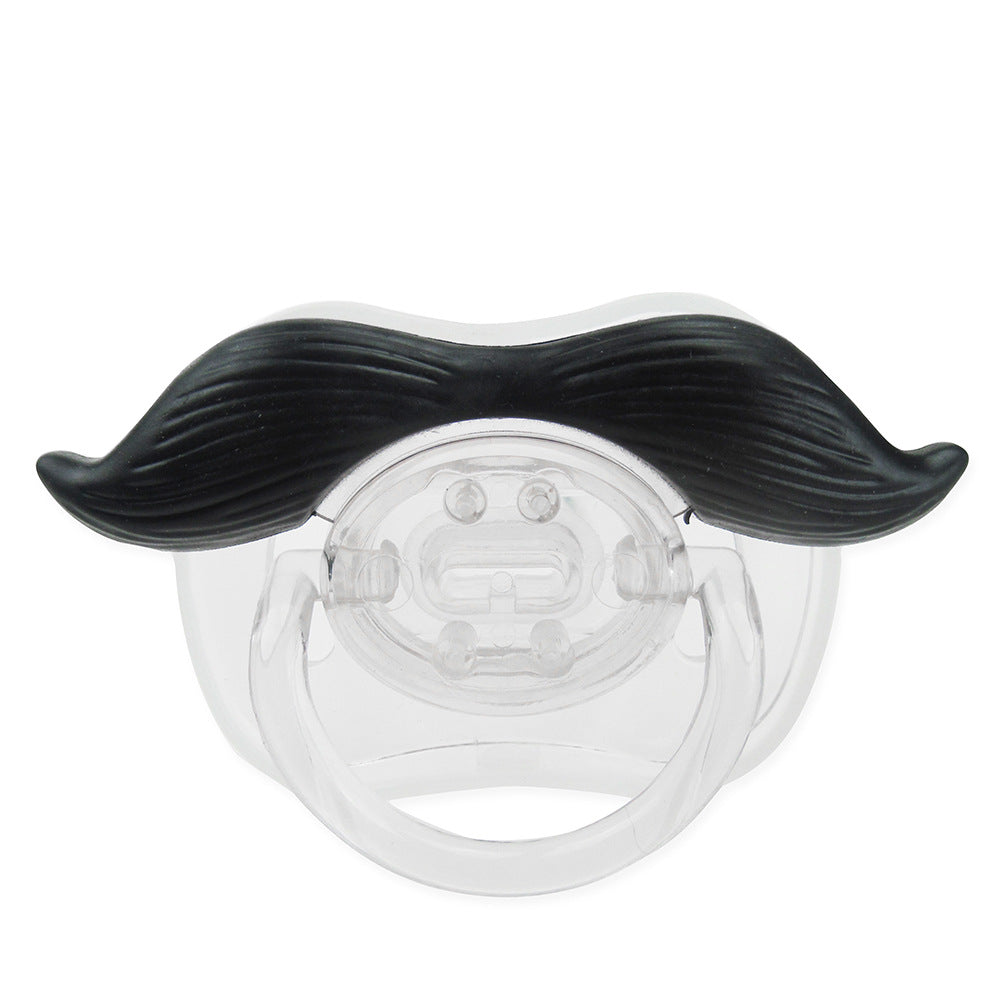 Clear silicone pacifier by Digitaldistribution375 featuring a textured, black plastic handlebar mustache attachment.