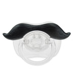 Clear silicone pacifier by Digitaldistribution375 featuring a textured, black plastic handlebar mustache attachment.