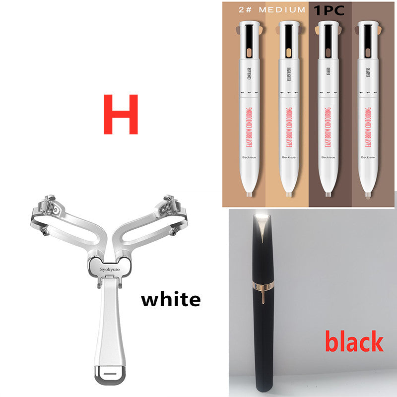 Eyebrow shaping set featuring a foldable white stencil, 4-in-1 contouring pens, and a sleek black precision trimmer.