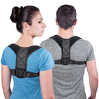 A man and woman wearing black, adjustable neoprene posture corrector straps over their shirts against a white background.