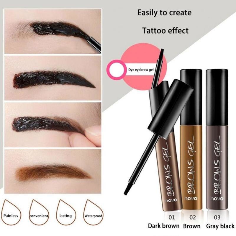 Three tubes of peel-off eyebrow tattoo tint gel in brown and black shades, showing application and lasting results.