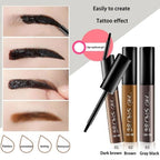 Three tubes of peel-off eyebrow tattoo tint gel in brown and black shades, showing application and lasting results.