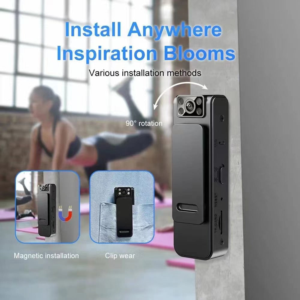 L8 black portable recording camera with magnetic backclip and 90-degree rotating lens, shown clipped and mounted.