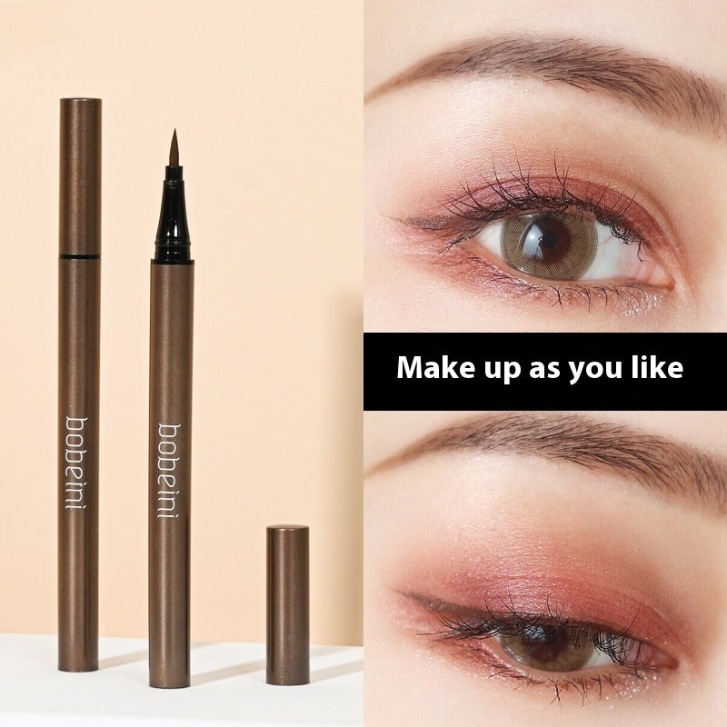 Brown waterproof liquid eyeliner pen by bobeini next to close-ups of natural eye makeup on a peach background.