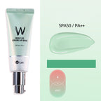 W.Lab mint green pre-makeup cream tube with SPF 50+/PA++ and a swatch of the light green base on a pale green background.