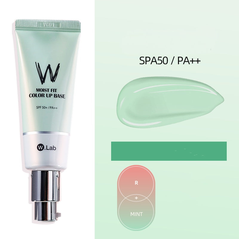 W.Lab mint green pre-makeup cream tube with SPF 50+/PA++ and a swatch of the light green base on a pale green background.