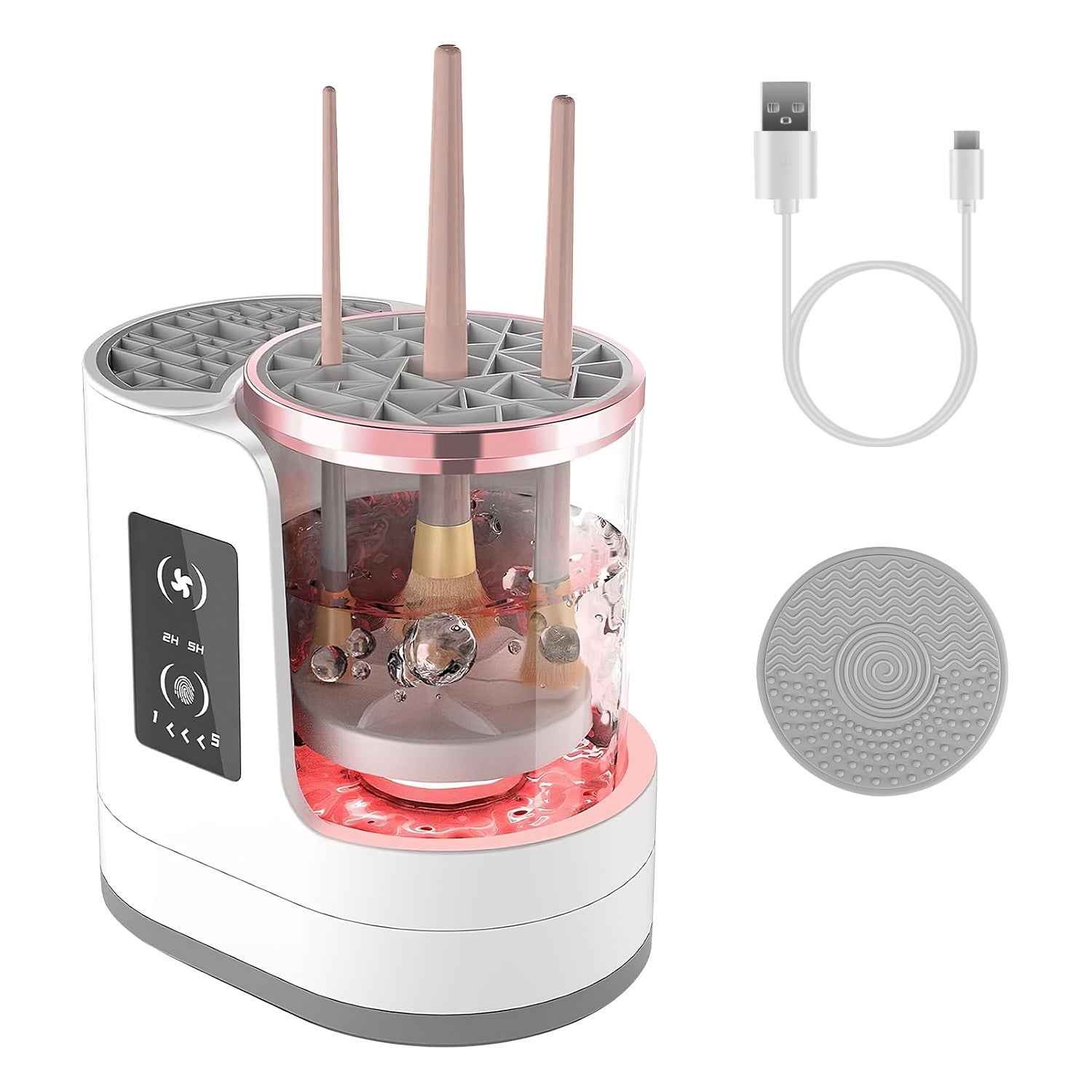 White and rose gold 4-in-1 electric makeup brush cleaner with digital display, USB cable, and cleaning mat.