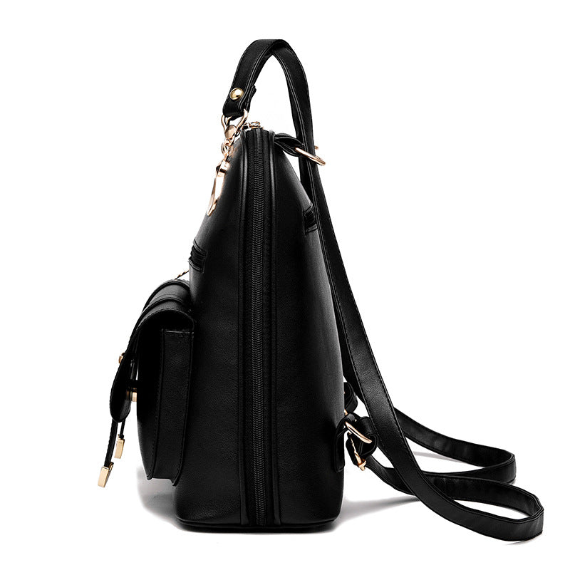 Side view of a black PU leather dual-use backpack by Digitaldistribution375, featuring gold hardware and zipper details.