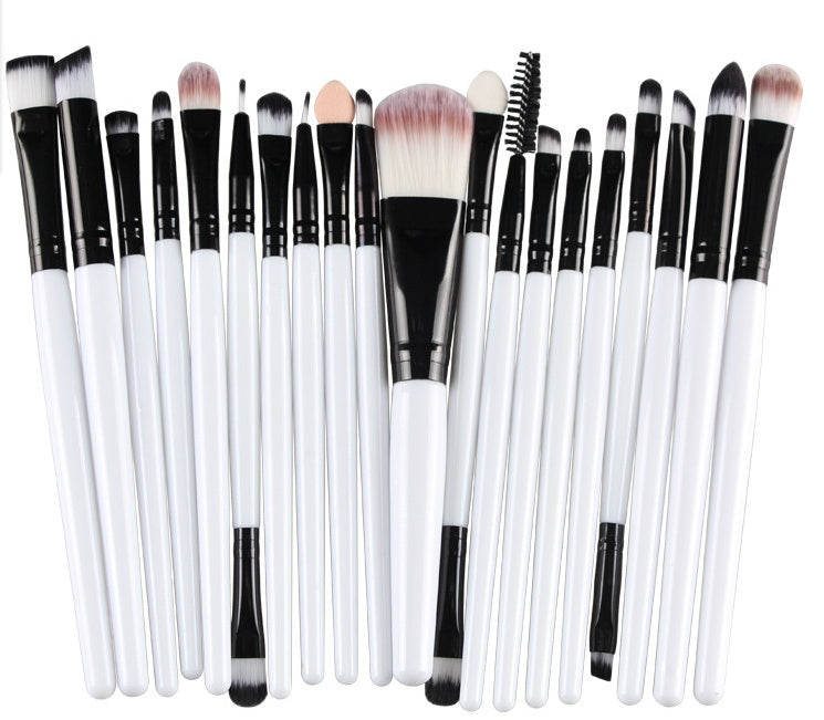Digitaldistribution375 makeup brush set featuring 20 brushes with white handles, black ferrules, and soft dual-tone tips.