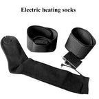 Black electric heating socks with two neoprene leg wraps, power banks, and connecting power cables.