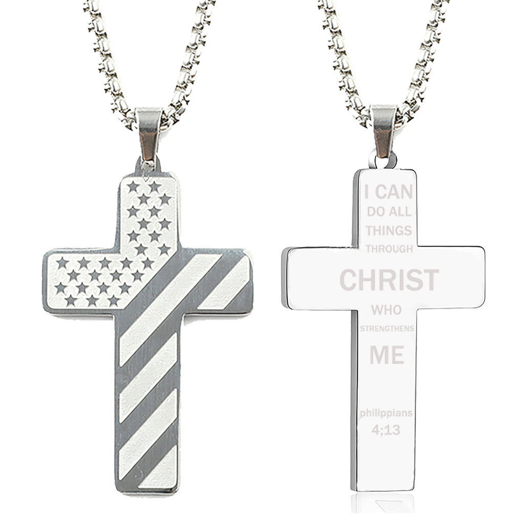 Silver titanium steel cross necklace with an American flag design on one side and a Bible verse on the reverse.