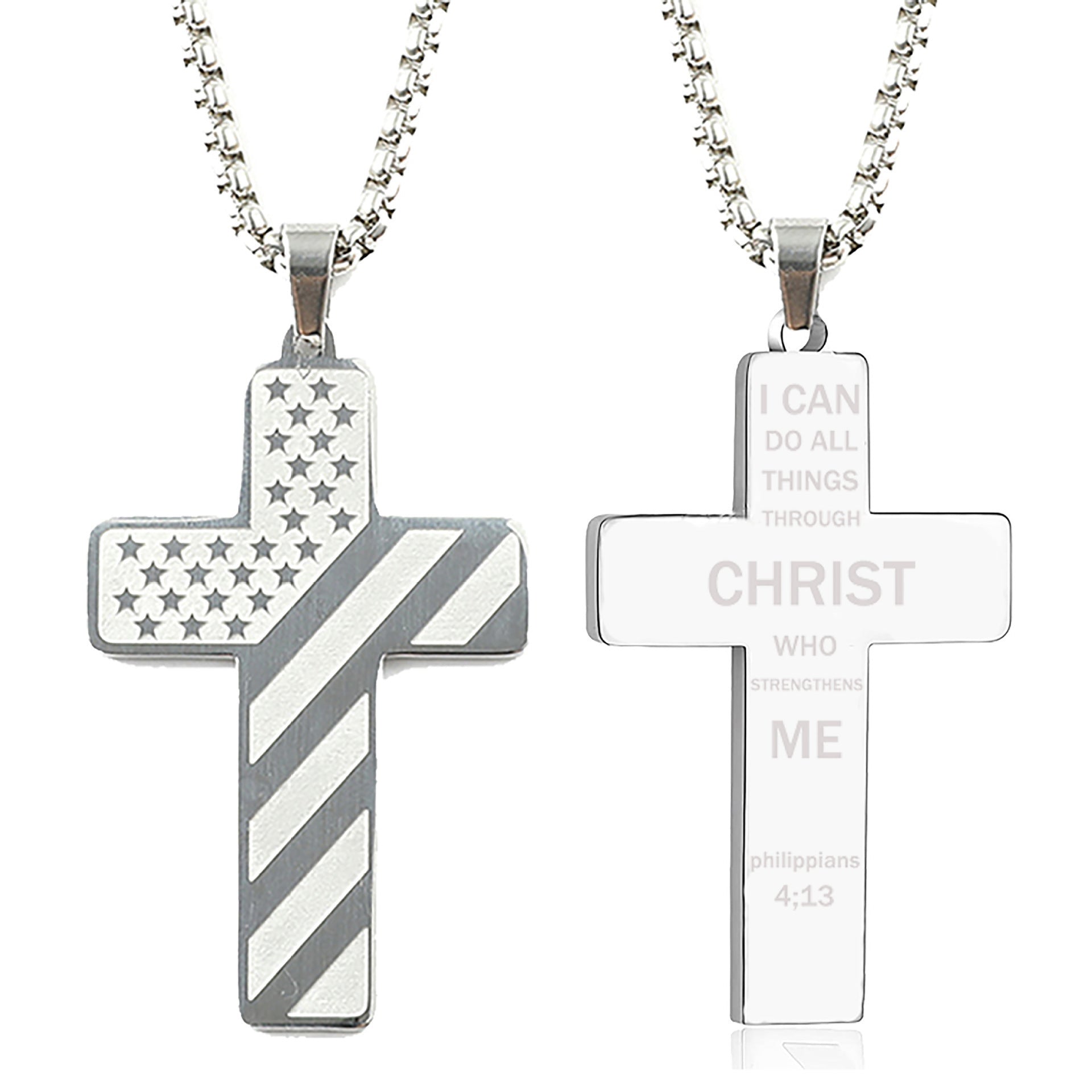 Silver titanium steel cross necklace with an American flag design on one side and a Bible verse on the reverse.