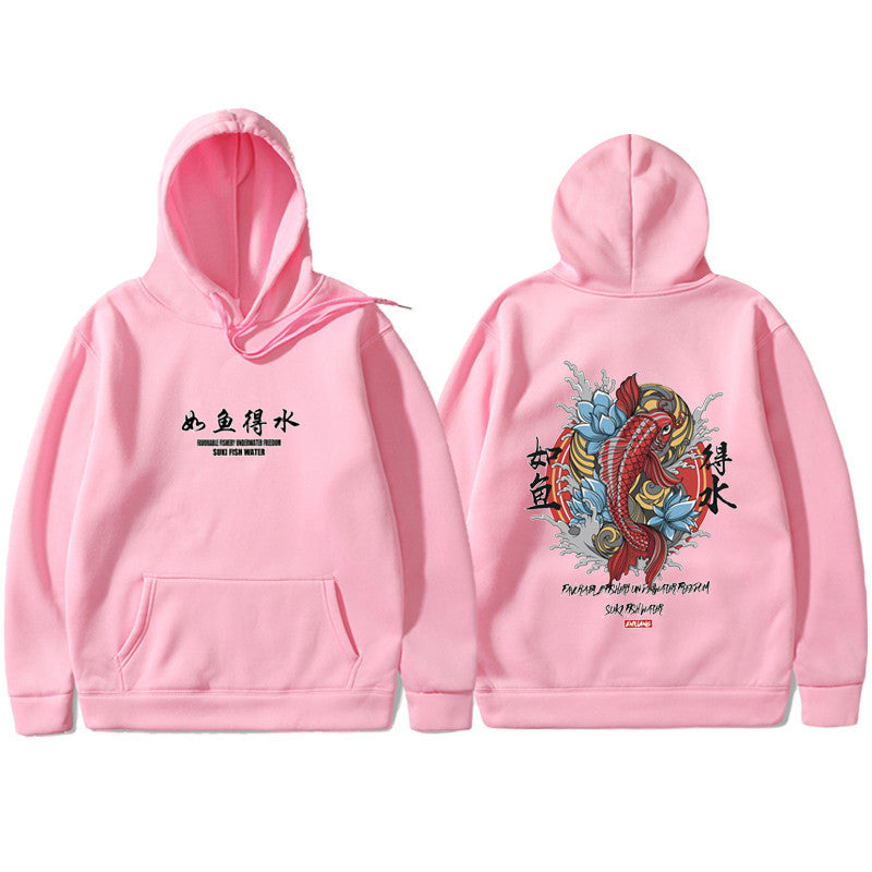 Light pink pullover hoodie with front logo and large back print of a Japanese-style red koi fish and blue flowers.