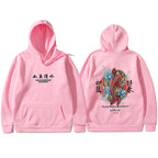 Light pink pullover hoodie with front logo and large back print of a Japanese-style red koi fish and blue flowers.