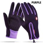 Purple and black waterproof winter motorcycle gloves with fleece lining, non-slip textured palms, and zippered cuffs.