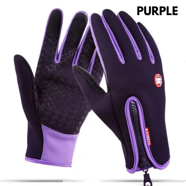 Purple and black waterproof winter motorcycle gloves with fleece lining, non-slip textured palms, and zippered cuffs.