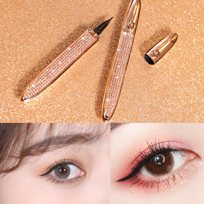Rose gold rhinestone self-adhesive eyeliner pen with a fine tip, plus close-up photos of the product applied to eyes.