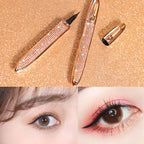 Rose gold rhinestone self-adhesive eyeliner pen with a fine tip, plus close-up photos of the product applied to eyes.