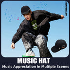 A person wears a black baseball cap with built-in Bluetooth controls on the side against a blue, musical-themed sky.