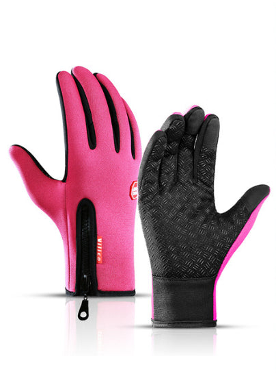 Hot pink waterproof winter gloves with fleece, black palm grips, and a zipper closure detail.
