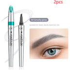 Two QIC four-prong, smoky gray, waterproof liquid eyebrow pens with a demo showing natural-looking brow application.