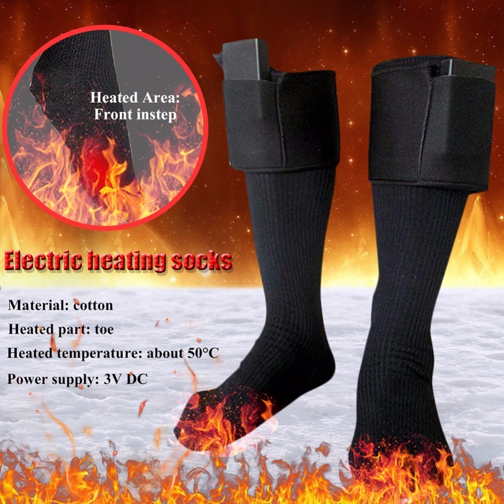 Black cotton electric heated socks with battery packs, featuring a fire-themed background and front instep heating.