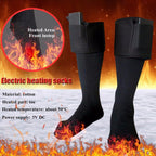 Black cotton electric heated socks with battery packs, featuring a fire-themed background and front instep heating.