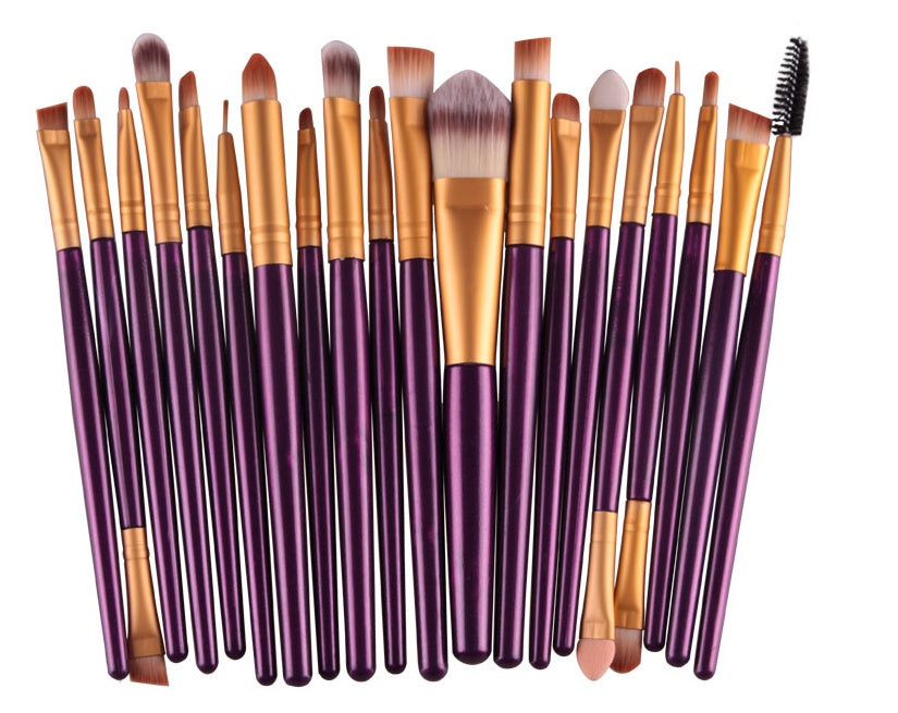 Digitaldistribution375 set: 20 makeup brushes with purple handles, gold ferrules, and soft synthetic bristles.