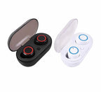 Black and white Digitaldistribution375 wireless in-ear headphones with charging cases and colored circular accents.