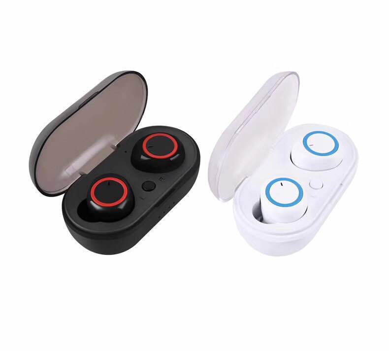 Black and white Digitaldistribution375 wireless in-ear headphones with charging cases and colored circular accents.