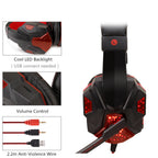 Black and red gaming headphones with LED accents, built-in volume control, and a 2.2m braided USB/audio cable.