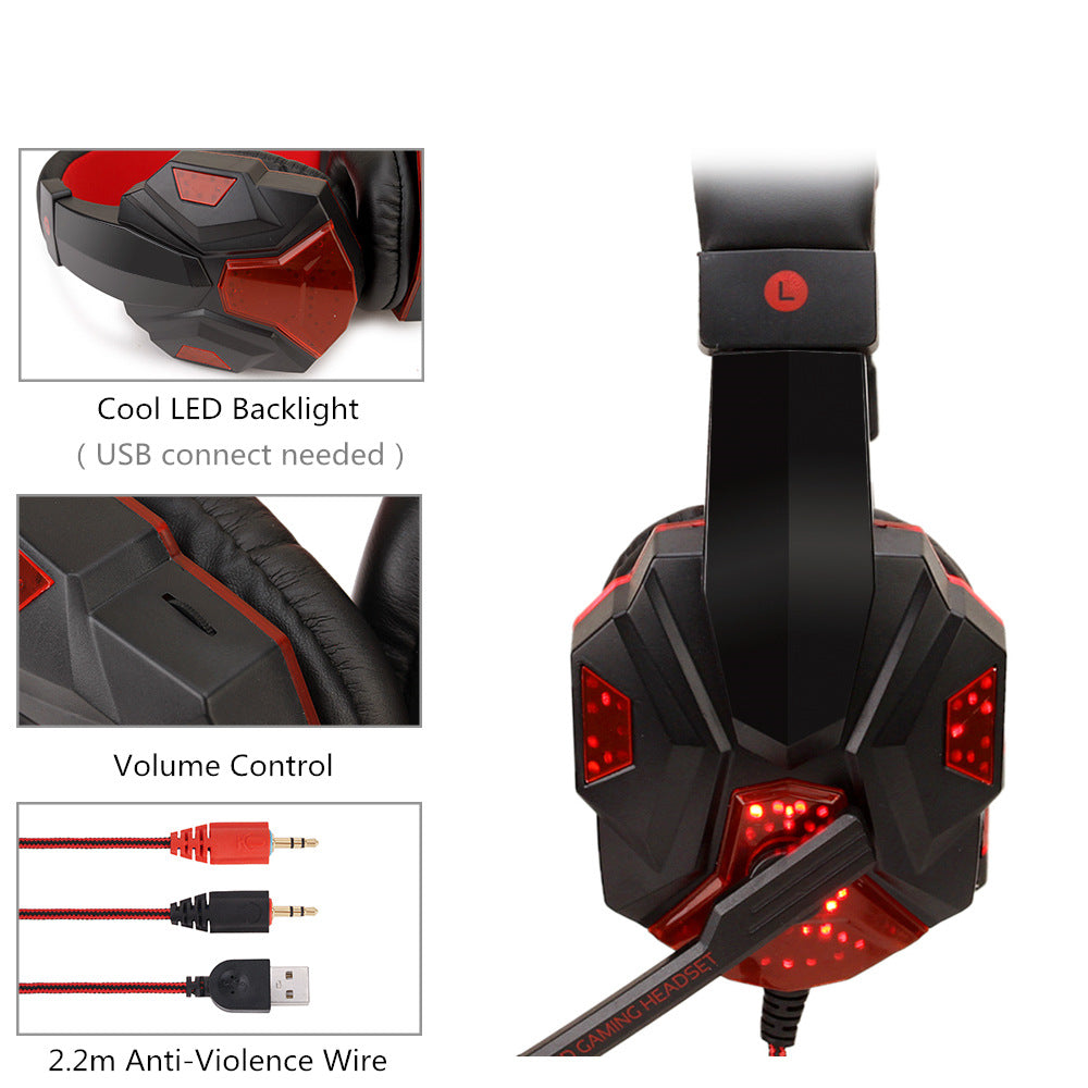 Black and red gaming headphones with LED accents, built-in volume control, and a 2.2m braided USB/audio cable.