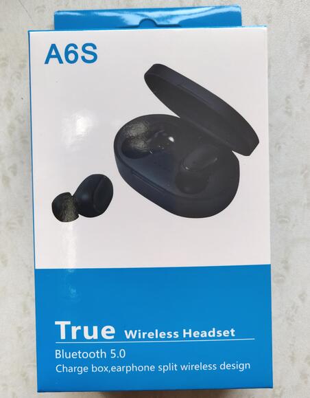 A6S True Wireless Bluetooth 5.0 earbuds with charging case in white and blue packaging.