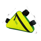 Lime green and dark green triangular bike frame bag with black zipper, straps, and "B-SOUL" logo on a white background.
