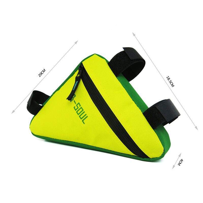 Lime green and dark green triangular bike frame bag with black zipper, straps, and "B-SOUL" logo on a white background.