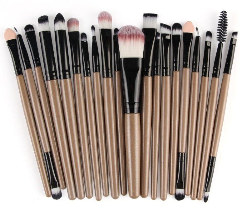 Digitaldistribution375 makeup set: 20 brushes with tan handles, black ferrules, and soft dual-tone synthetic bristles.