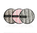 Three round, fuzzy, striped microfiber makeup remover pads in brown, pink, and grey with "CLEAN SPONGE" labels.