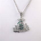 Silver-tone hip-hop money bag pendant necklace encrusted with white rhinestones and green dollar sign detailing.