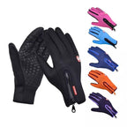 Waterproof winter gloves with fleece lining, zippered cuffs, touch-screen fingers, and anti-slip grip in many colors.