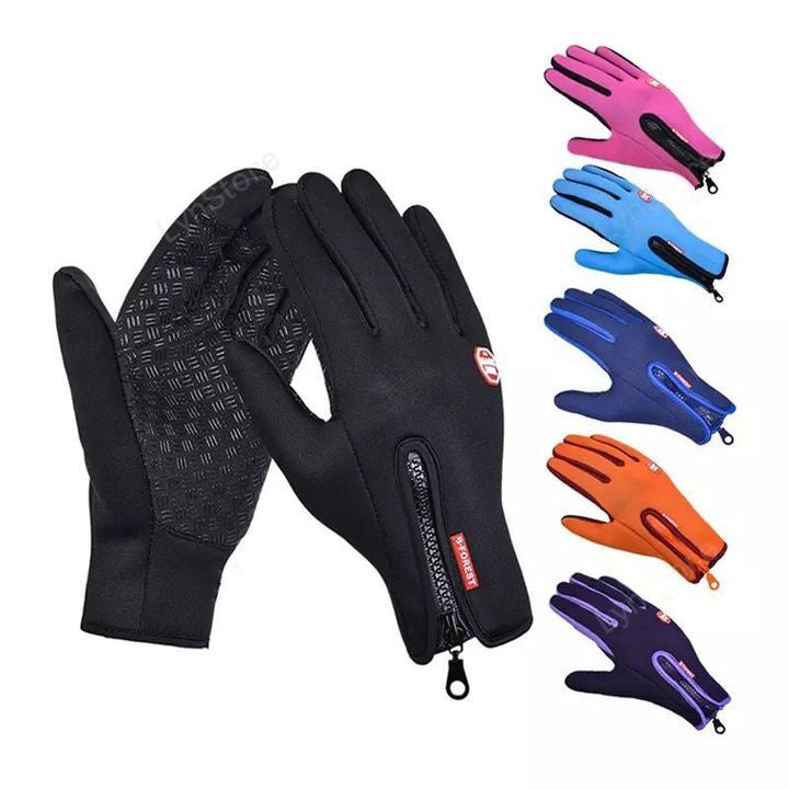 Waterproof winter gloves with fleece lining, zippered cuffs, touch-screen fingers, and anti-slip grip in many colors.
