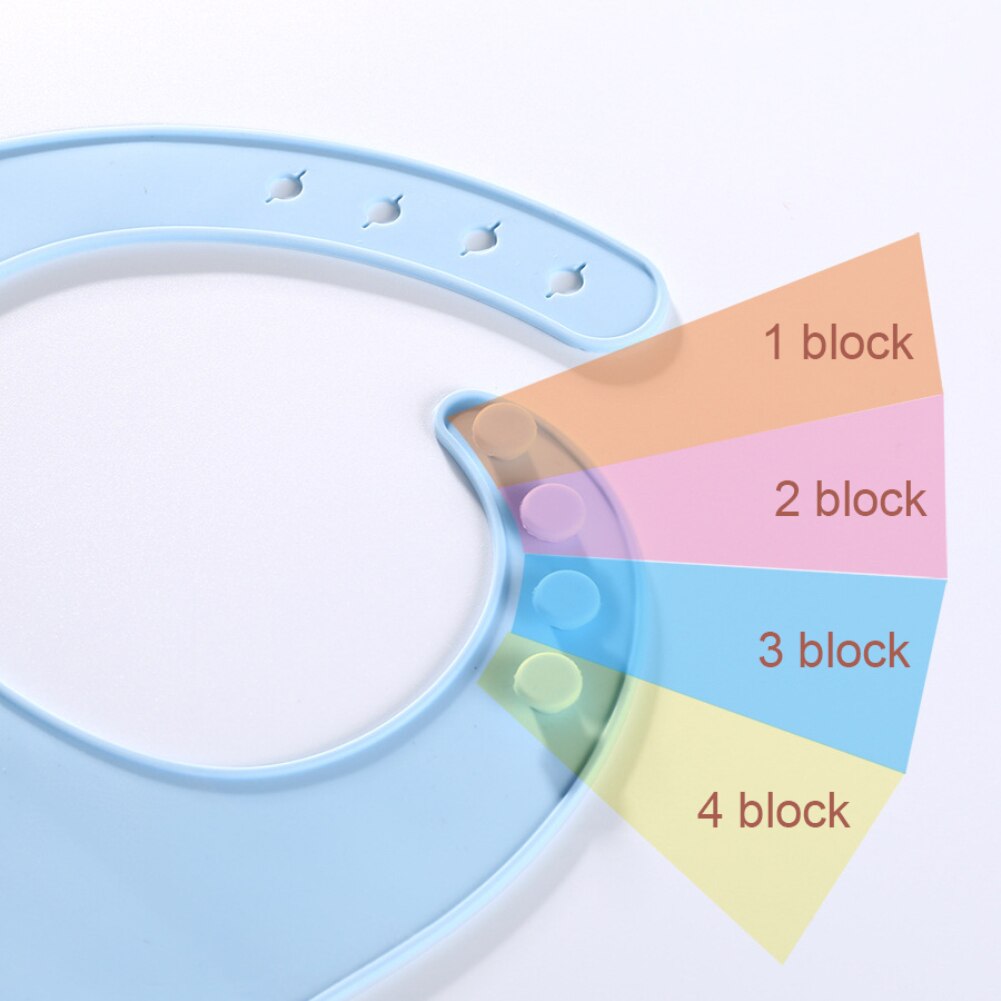 Light blue silicone baby bib with an adjustable four-setting snap closure system shown on a white background.