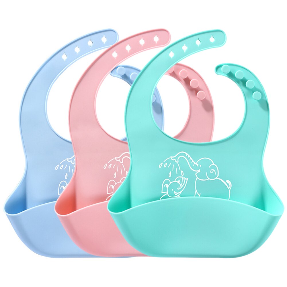 Three pastel silicone baby bibs with elephant prints, featuring adjustable neck straps and deep food-catching pockets.