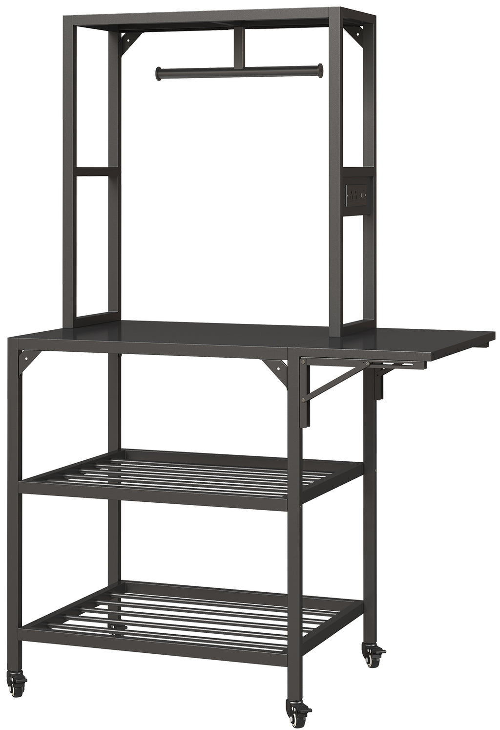 Black metal 3D printer workbench with two slatted storage shelves, a top filament rack, and rolling caster wheels.