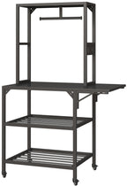 Black metal 3D printer workbench with two slatted storage shelves, a top filament rack, and rolling caster wheels.