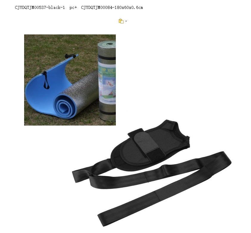 Black fabric foot drop rehabilitation strap with adjustable velcro and long tension belts, next to a blue yoga mat.