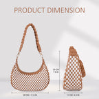 Brown and white checkered vegan leather hobo bag with a braided shoulder strap, shown with dimensions in centimeters.