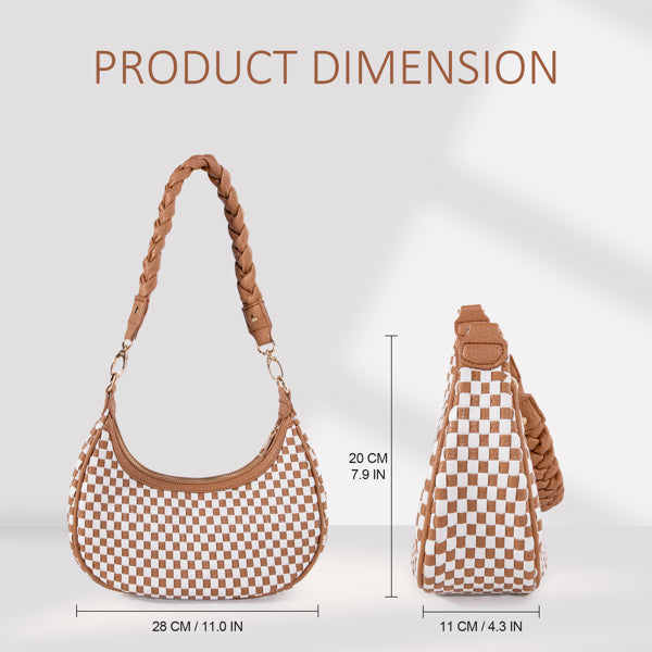 Brown and white checkered vegan leather hobo bag with a braided shoulder strap, shown with dimensions in centimeters.