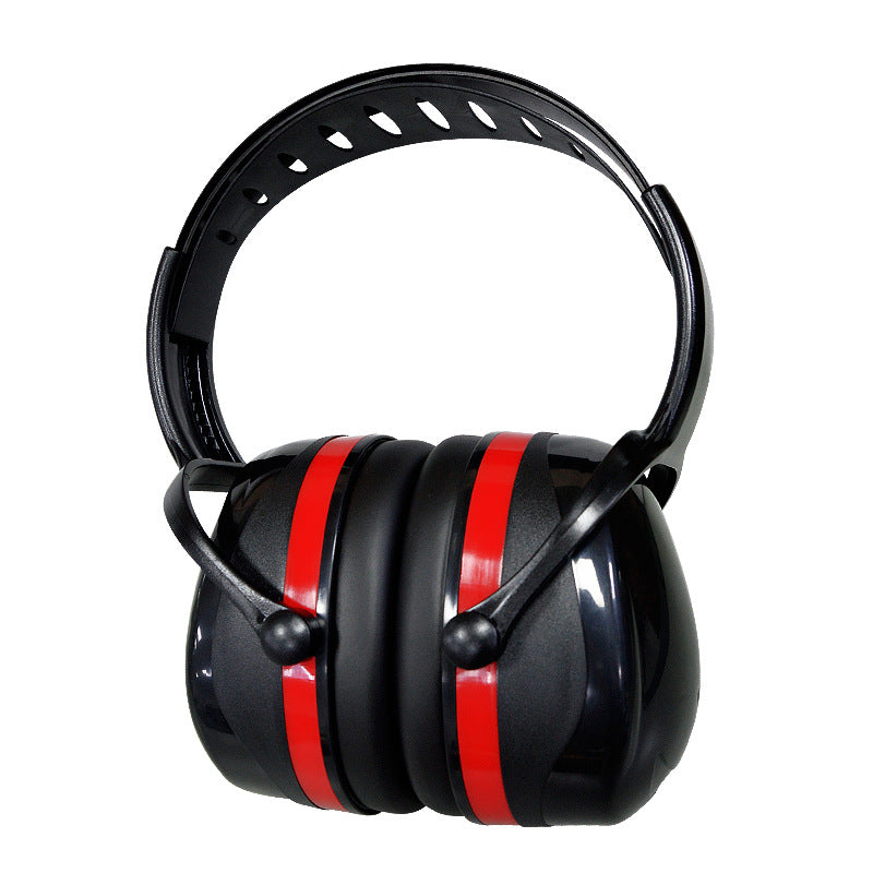 Black and red noise-canceling earmuffs with an adjustable plastic headband, isolated on a white background.