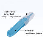 Blue plastic baby tweezers with a transparent protective cover, featuring an ergonomic handle design.