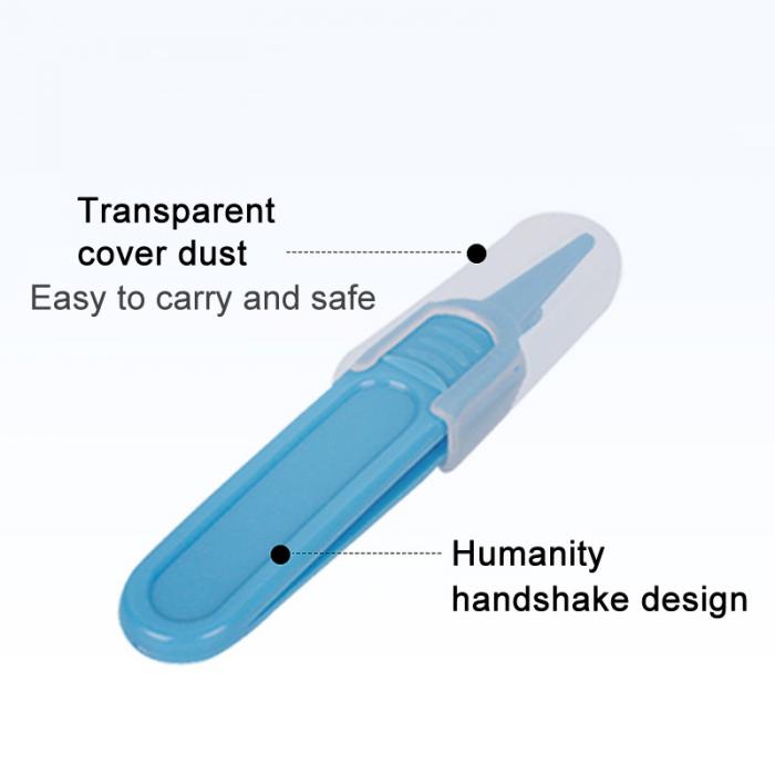 Blue plastic baby tweezers with a transparent protective cover, featuring an ergonomic handle design.
